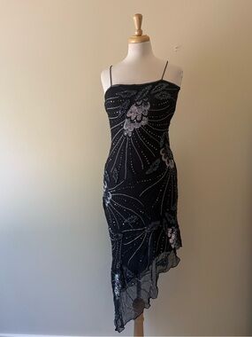 Made in India 100% Silk Hand Beaded Black Asymmetrical Cocktail Dress | NWOT